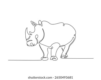 Wild rhinoceros in single outline illustration. Continuous line art drawing of rhino animal.