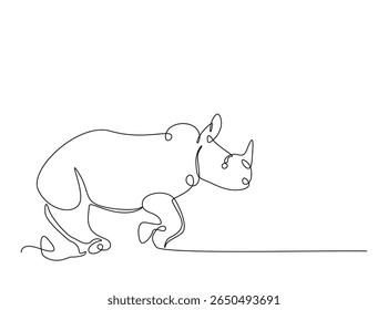 Wild rhinoceros in single outline illustration. Continuous line art drawing of rhino animal.