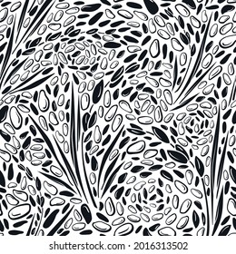 Wild Rice Plant, Black Seed. Vector Seamless Pattern On White Background. Natural Organic Food. Simple Hand Drawn Monochrome Illustration. Farm Harvest. Organic Vegan Milk