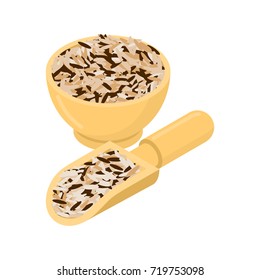 Wild rice in wooden bowl and spoon. Groats in wood dish and shovel. Grain on white background. Vector illustration