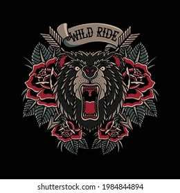 wild ride logo illustration in traditional tattoo style