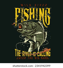  Wild river fishing t-shirt design, illustration Vector Water Fish Animals Fishing River,Vintage colorful fishing label with pike jumping out of water on dark background isolated vector illustration