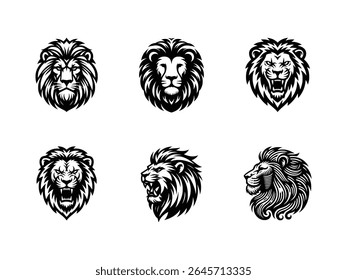 Wild roaring lion king head icon set. Front and side view predator face, lions heads black and white ink sketch silhouettes