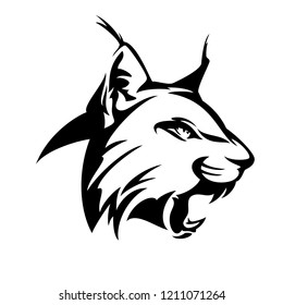 wild roaring lynx head - black and white vector design