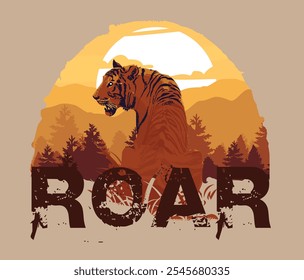 wild Roaring tiger with natural landscape background illustration poster, wall frame art, placement print, t-shirt, fashion, men, tee, shirt, graphic vector artwork