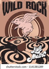 Wild rock. Live music. Vector hand drawn illustration of surreal landscape withflying pig. Template for card, poster. banner, print for t-shirt, pin, badge, patch.