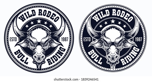 "Wild rodeo - bull riding" - label design. Vector illustration in stylish engraving technique of brown bull head with ring in his nose.