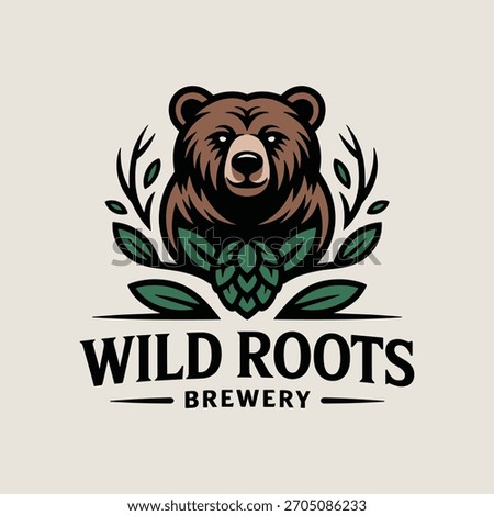 Wild Roots Brewery Logo - Brown Bear Head with Hops, Barley, and Leaves - Rustic Craft Beer Emblem