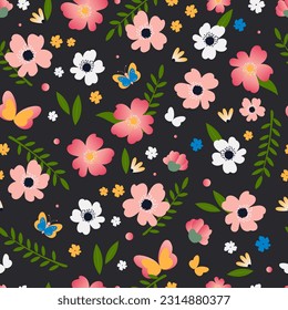 Wild rose in a botanical seamless pattern. Rosehip flowers pink with butterflies on a black background for textile. Vector.