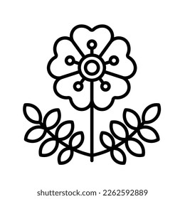 Wild rose, briar, editable icon. Blooming rosehip flower head with leaves. Herbal Medicine flower. Botanical sign perfect for a label, seed shop, cosmetology. Editable thin strokes, flat vector