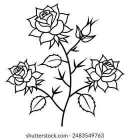 Wild Rose Bush with Flowers and Thorns in Line Art