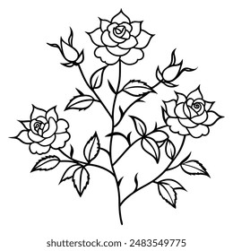 Wild Rose Bush with Flowers and Thorns in Line Art