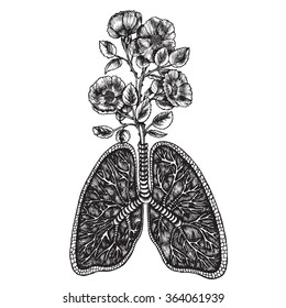 Wild rose bush growing out of the lungs. Symbolic image of the senses. Vector illustration.