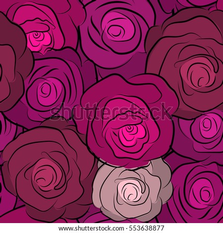 Wild rose design. Flower background. Flower card with dog rose. Flower seamless pattern. Abstract magenta and pink roses sketch. Hand drawn background with dogrose flowers. Vintage dog rose pattern.
