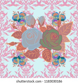 Wild rose design. Vintage dog rose pattern. Flower card with dog rose. Hand drawn background with dogrose flowers. Flower background. Abstract pink, blue and gray roses sketch. Flower seamless pattern