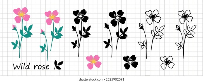 Projeto de Rosa Selvagem. Silhueta de flores silvestres vetor ilustração plana. Cortando arquivo. Adequado para software de corte. Cricut, Silhueta.