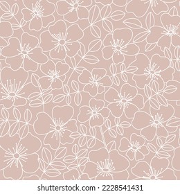 Wild rose floral doodle seamless pattern. Cute neutral lace summer blooming petals on delicate background. Gentle elegant romantic rosehip flower print for fabric or wrapping paper.