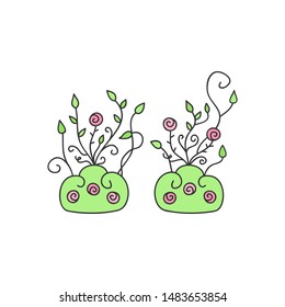 Wild rose flower bushes vector illustration. Climbing rose flower plants. Rose kingdom, princess symbol. Hand drawn isolated, outlined icon, sticker.
