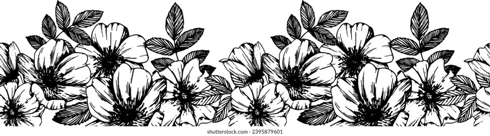 Wild rose flowers and berries, medicinal herb line art drawing. Outline vector illustration isolated on white background. Rose hip bouquets sketch for logo, tattoo, wedding design.