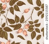Wild rose flowers drawing and sketch with pointillism. Vintage pattern of branch with rosehip fruits and leaves.