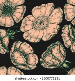 Wild rose flowers drawing and sketch with pointillism on black backgrounds. Vintage pattern of branch with rosehip fruits and leaves.