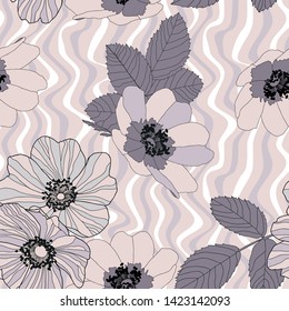 Wild rose flowers and leaves in gentile neutral shades of light pink powder and plum colour on wavy stripe background. Seamless vector pattern.
