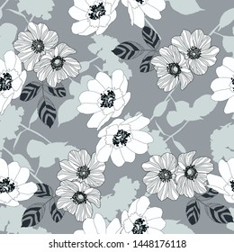 Wild rose flowers and leaves in gentile neutral shades of light grey colour with darker grey stripes on some pelts.  Seamless vector pattern.
