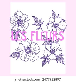 Wild rose hip flowers abstract sketch doodles illustration, floral poster design with text in french, LES FLEURS quote