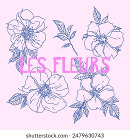 Wild Rose Hüftblumen abstrakte Skizze Doodles Illustration, Blumenposter Design mit Text in Französisch, LES FLEURS Zitat