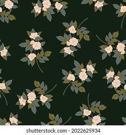 Wild rose leaves and flowers texture. Seamless vector pattern briar, dog-rose, eglantine for fabric, wrapping paper and other your design.