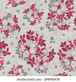 Wild Rose linear floral design red leaves - vector seamless pattern