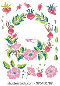 Wild Rose Linocut Vector Set For Hipster Design