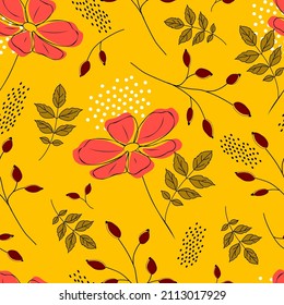 Wild rose pattern, vector background. Colored plant elements on a yellow background. Suitable for website design, packaging, printing on fabrics and postcards.