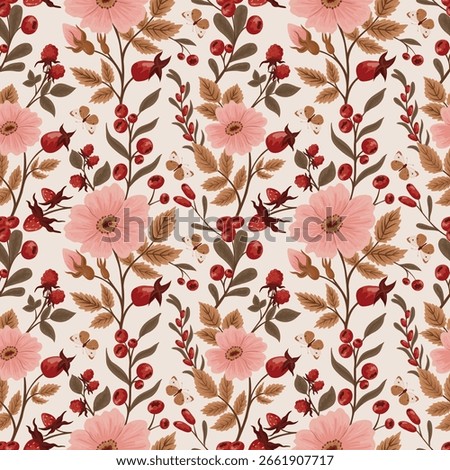 Wild rose vector floral pattern. Wildflower vector pattern. Pink flower vector floral pattern