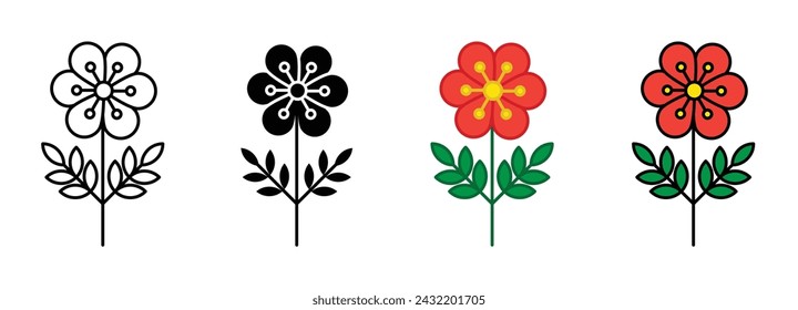 Wild Rose Vector Illustration Set. Rosehip Flower Petal Health Sign Suitable for Apps and Websites UI Design Style.