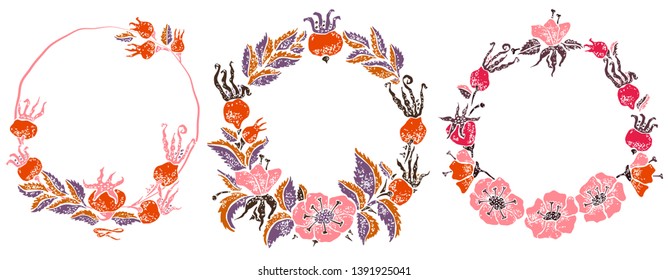 Wild rose wreathes in lino cut style for hipster design