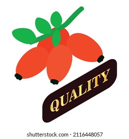 Wild rosehip icon isometric vector. Red ripe dog rose fruit and quality sign. Autumn harvest, quality mark