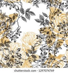 Wild roses blossom branch seamless pattern. Vintage botanical hand drawn illustration. Spring flowers of garden rose, dog rose. Vector design. Can use for greeting cards, wedding invitations, patterns