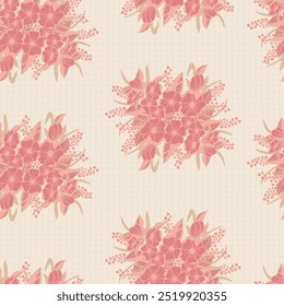 Wild Roses in Bouquets in Peach Colors Scattered on a Textured Creme Background creating a seamless pattern print background