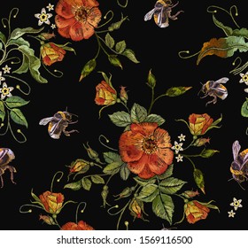 Wild roses and bumblebee. Embroidery seamless pattern. Template for design of clothes, t-shirt design. Summer art 