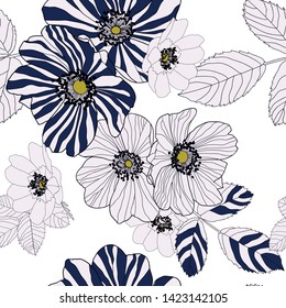 Wild roses flowers in combination of white petals and navy blue and white stripes with accent of yellow in centre of the flower style. Seamless vector pattern.
