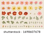 Wild roses. Independent floral elements. Flowers, leaves, buds. Botanical vector illustration. 