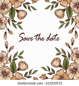 Wild roses and leaves flower frame. Design for greeting card or wedding invitation. Hand drawn vector illustration.