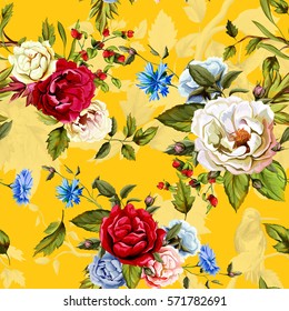 Wild Roses, peony, cornflowers, with leaves and humming bird on background on yellow. Stylized. Watercolor, hand drawn. Seamless pattern. Vector - stock.