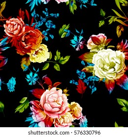 Wild Roses, peony, cornflowers, with leaves on black background. Stylized. Watercolor, hand drawn. Seamless pattern. Vector - stock