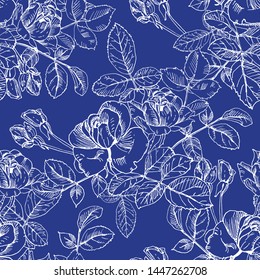 Wild roses plant with flowers in white ink on blue. Hand drawn vector etch style seamless surface pattern. Buds, leaves, stems on white background.