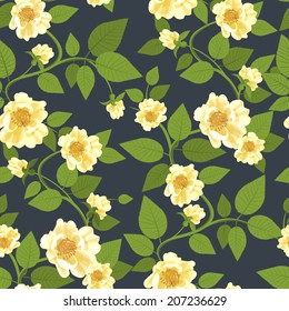 Wild roses retro seamless pattern. Decorative textile background with yellow roses and veiny leaves. Floral composition. Use it for printing, fabrics, paper or scrap booking. Vector is grouped EPS8.