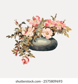 Wild roses vintage flower vector element. Flower vase vector. Vintage floral plant art drawing illustration. Old vase with floral plant, home decor painting art print, isolated element.