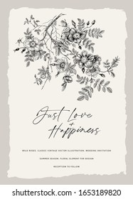 Wild roses. Wedding invitation. Vector floral illustration. Black and white