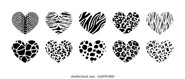 Juego de corazón texturizado con dibujos de animales salvajes de safari. Corazones vectores con leopardo, chita, tigre, jirafa, cebra, patrón de piel de serpiente para diseño de impresión de moda, antecedentes, tela. Colección en blanco y negro.